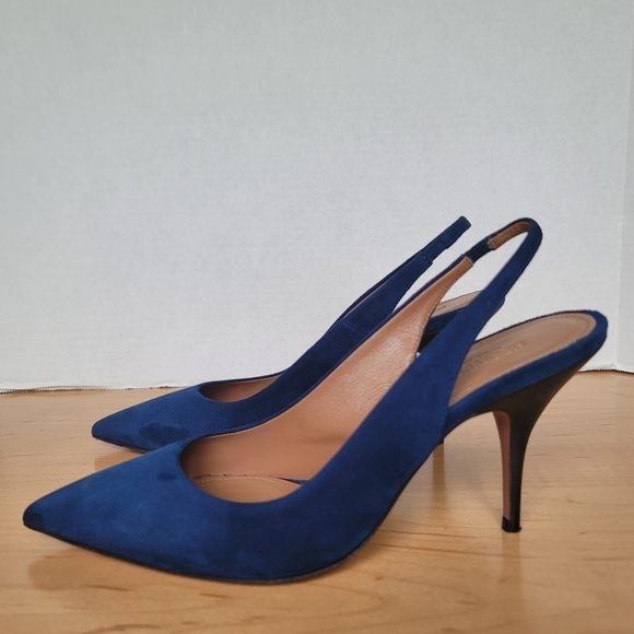 Sportmax by Max Mara Navy Leather Suede Slingback Stiletto Pump Size EU 37.5 - Picture 5 of 17